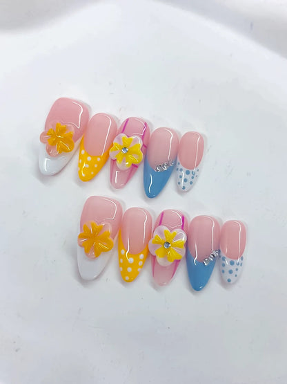 Medium Pink Yellow Almond French tip Flower Dot Pattern