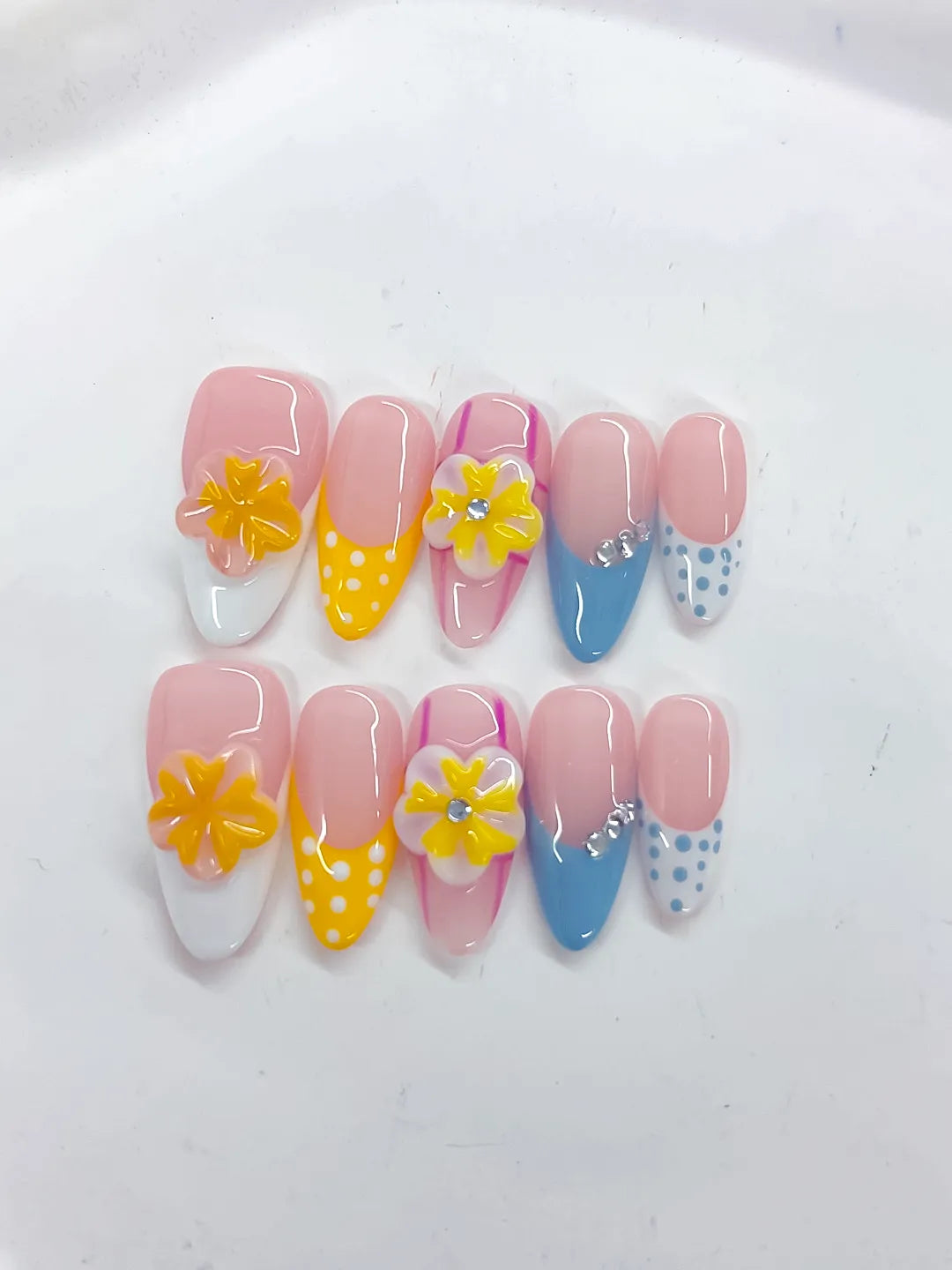 Medium Pink Yellow Almond French tip Flower Dot Pattern