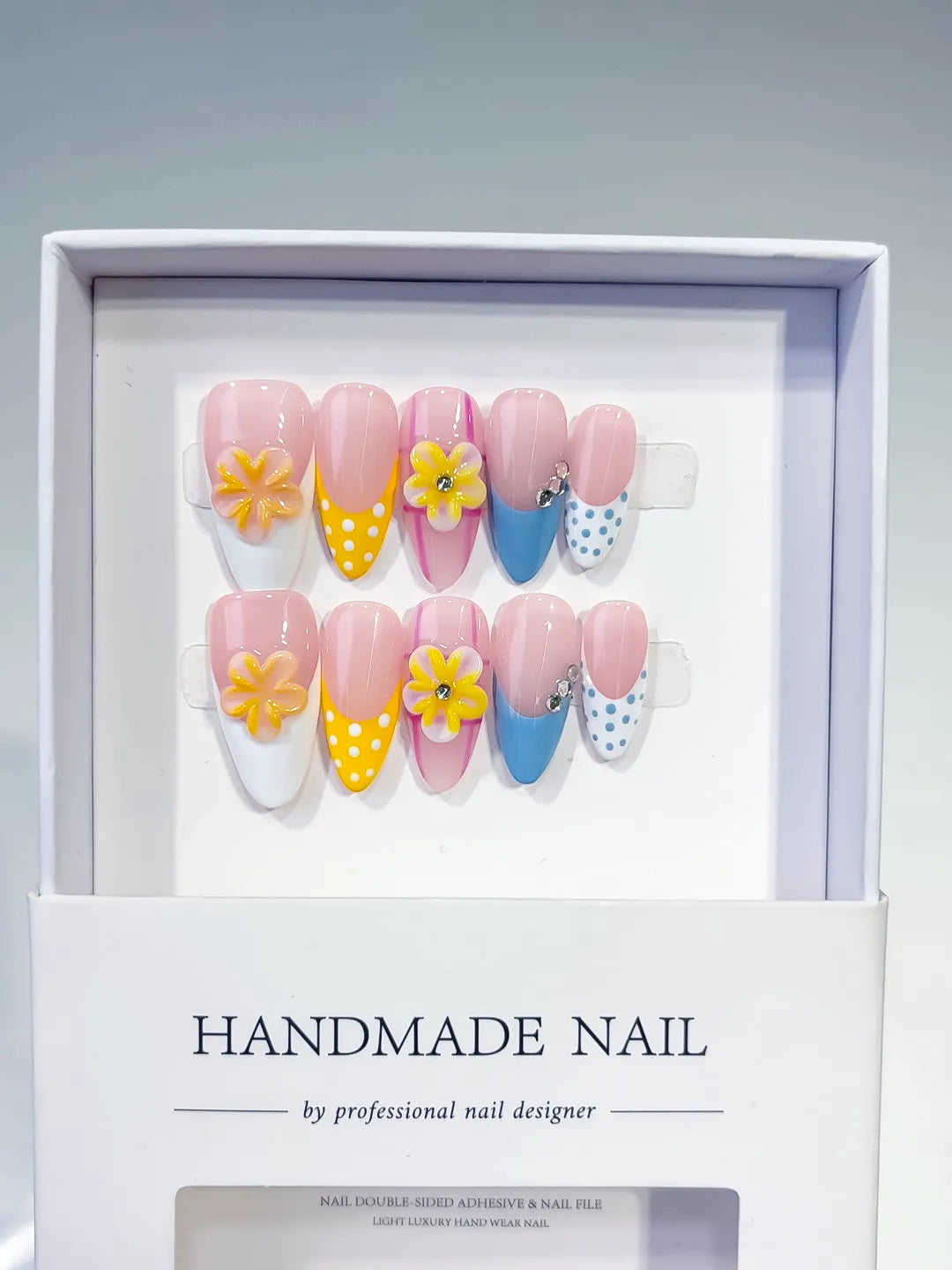 Medium Pink Yellow Almond French tip Flower Dot Pattern