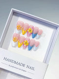 Medium Pink Yellow Almond French tip Flower Dot Pattern