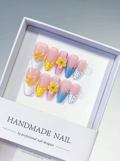 Medium Pink Yellow Almond French tip Flower Dot Pattern