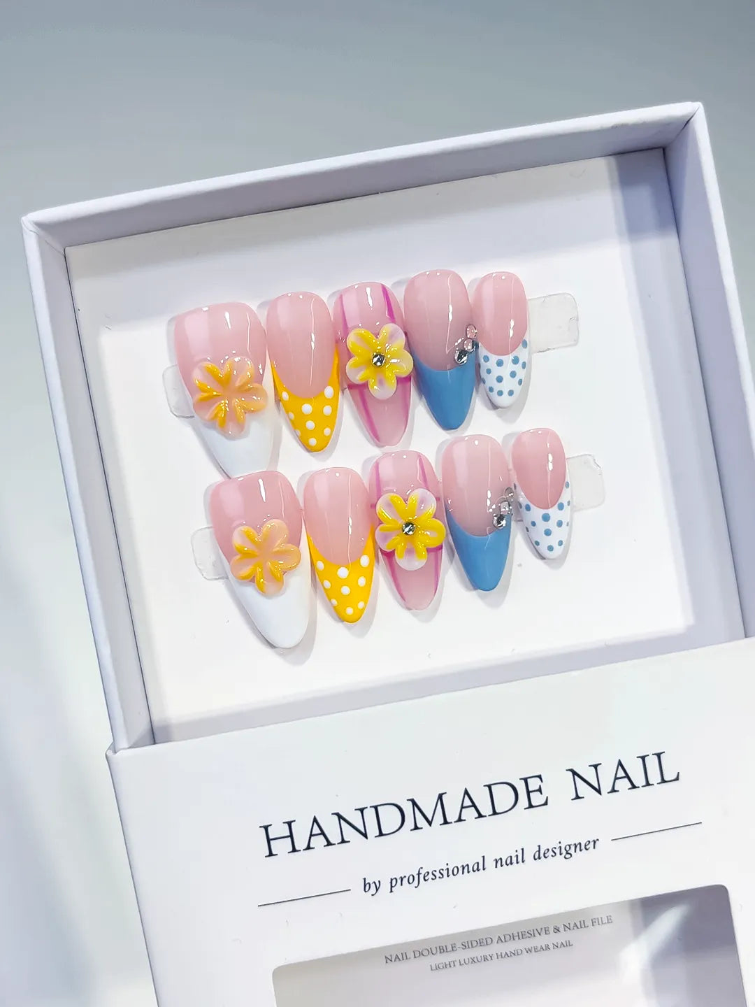 Medium Pink Yellow Almond French tip Flower Dot Pattern