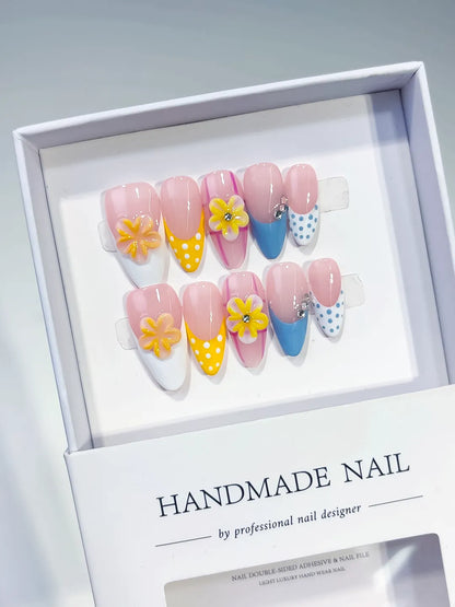 Medium Pink Yellow Almond French tip Flower Dot Pattern