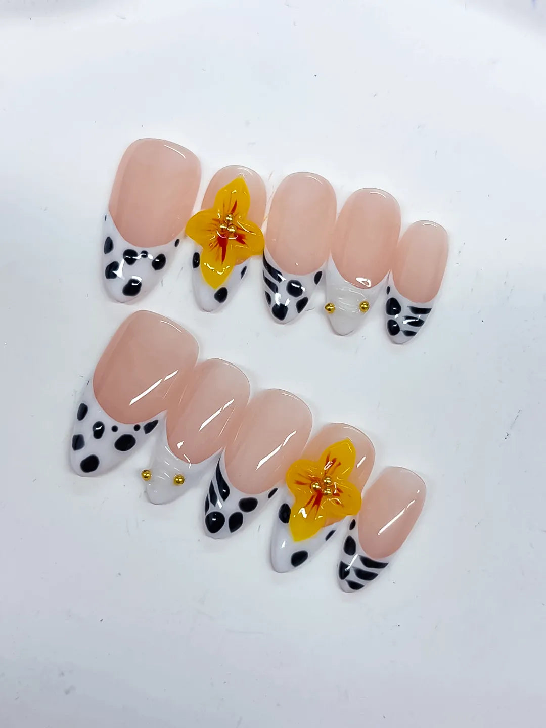 Medium Nude Black Almond French tip Flower Dot Pattern