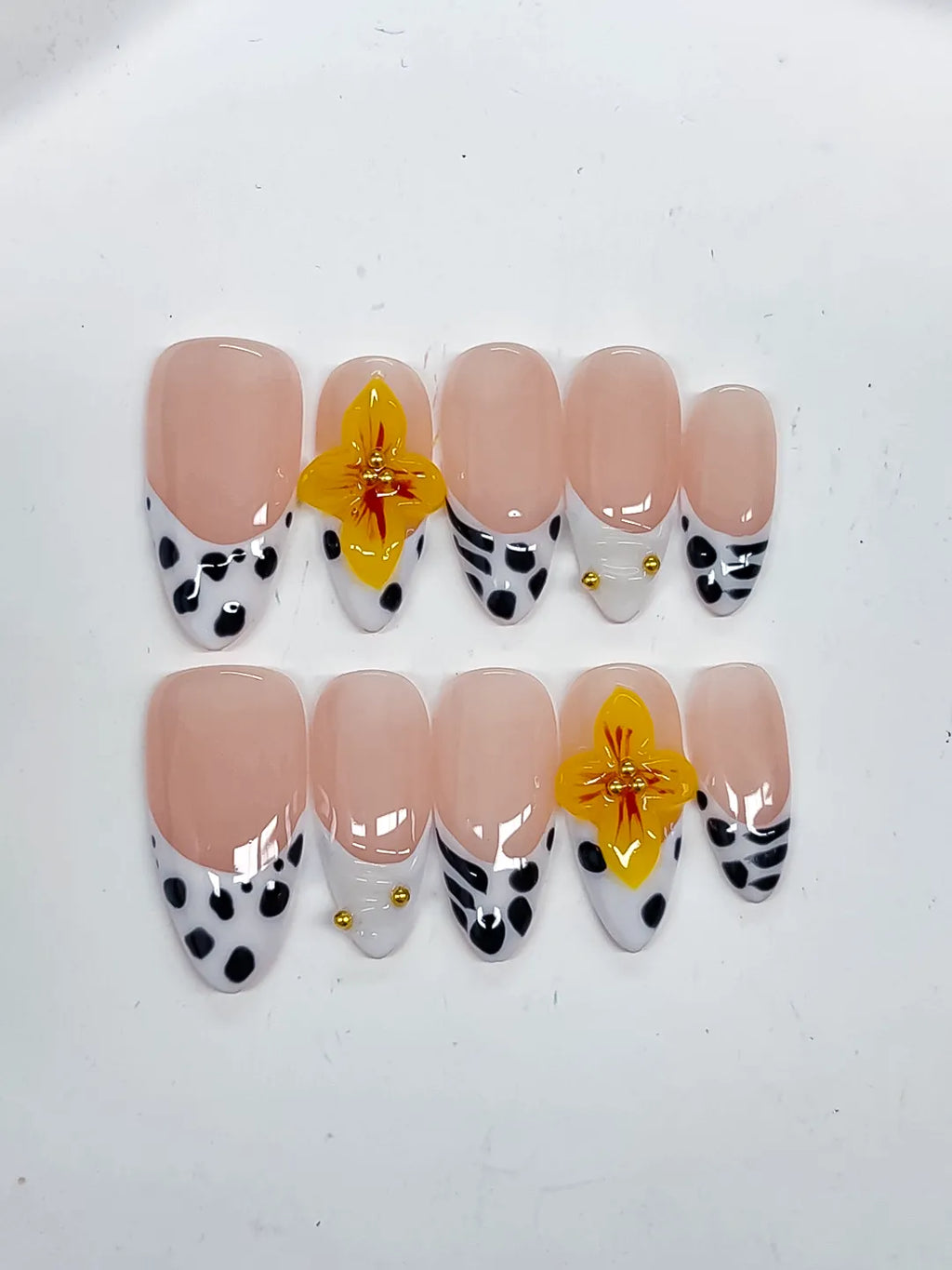 Medium Nude Black Almond French tip Flower Dot Pattern