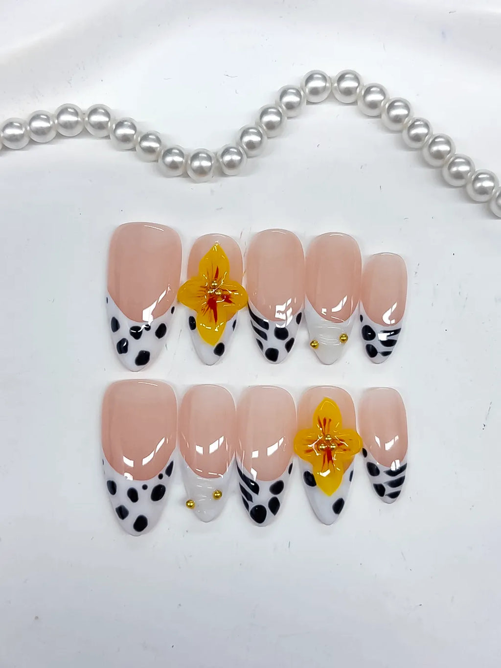 Medium Nude Black Almond French tip Flower Dot Pattern