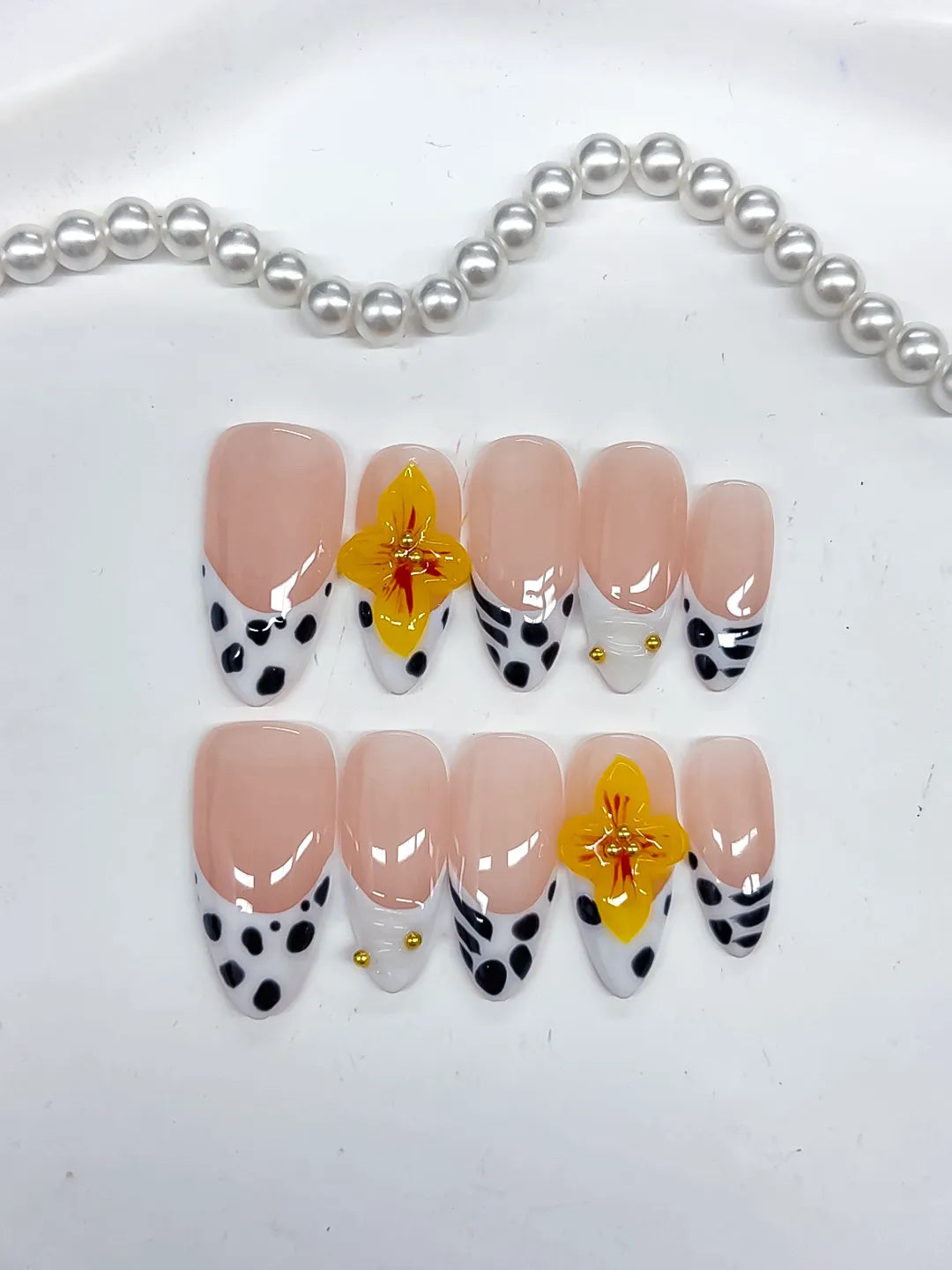 Medium Nude Black Almond French tip Flower Dot Pattern