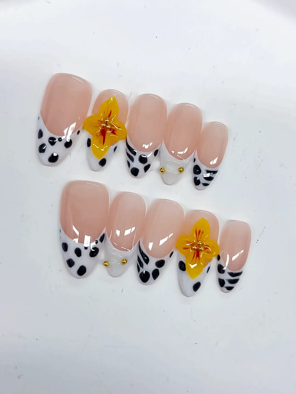 Medium Nude Black Almond French tip Flower Dot Pattern