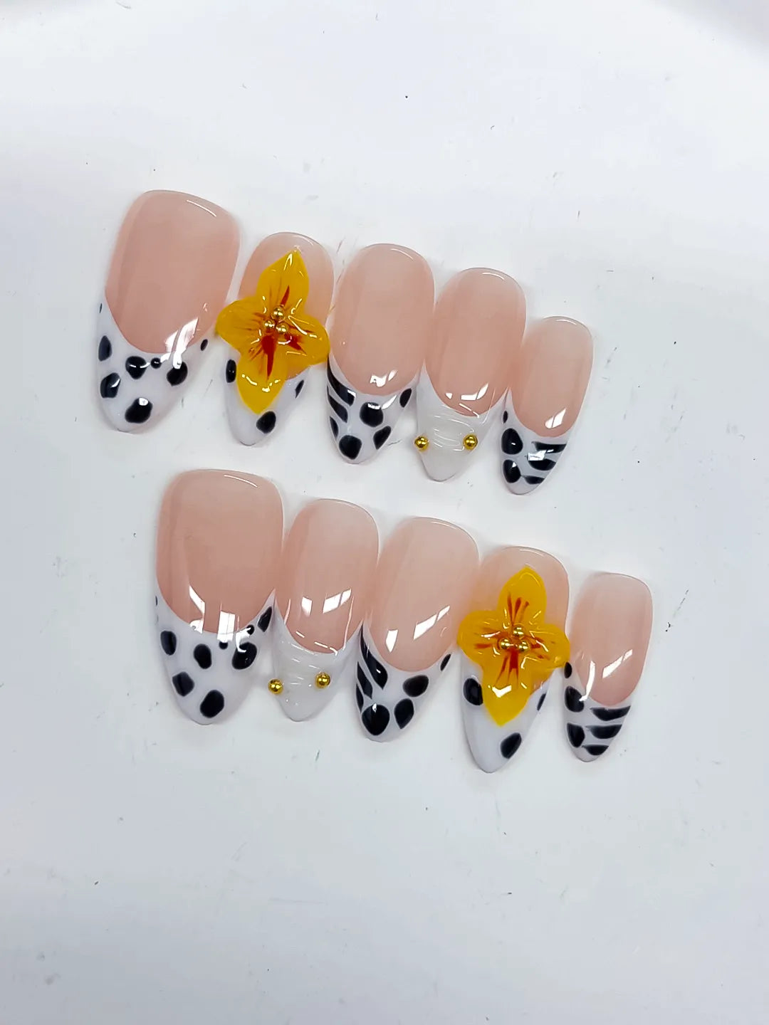 Medium Nude Black Almond French tip Flower Dot Pattern