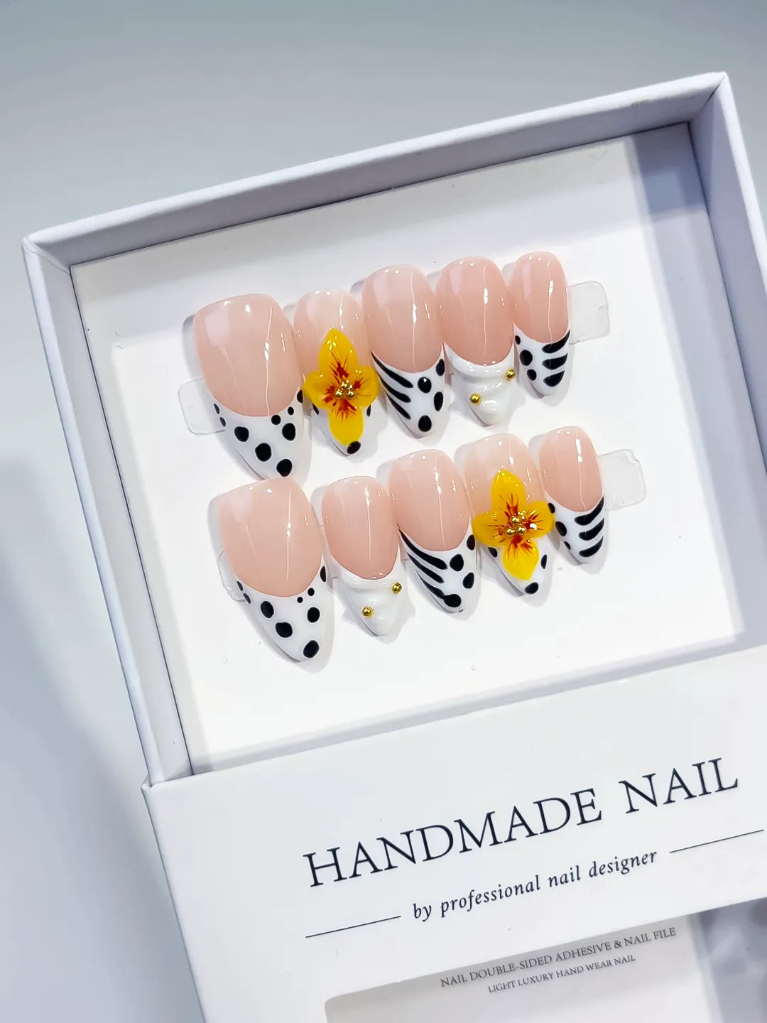 Medium Nude Black Almond French tip Flower Dot Pattern