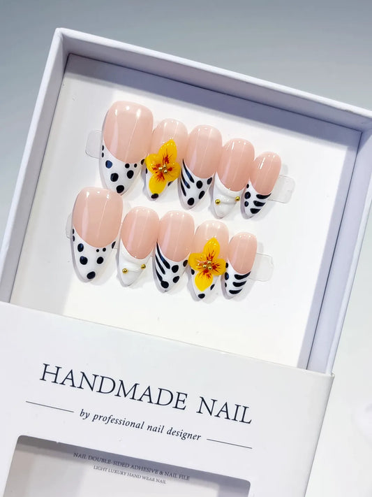 Medium Nude Black Almond French tip Flower Dot Pattern
