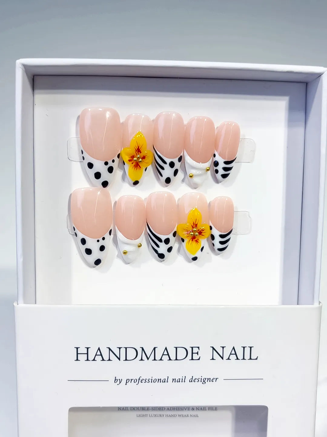 Medium Nude Black Almond French tip Flower Dot Pattern