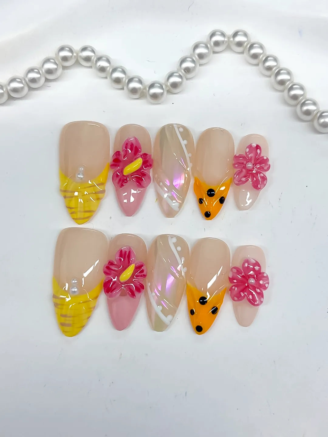 Medium Nude Yellow Almond Holographic Flower Dot Pattern