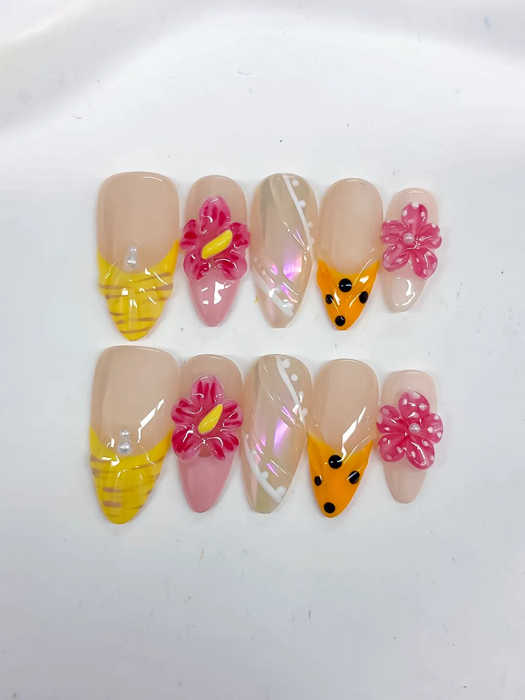 Medium Nude Yellow Almond Holographic Flower Dot Pattern