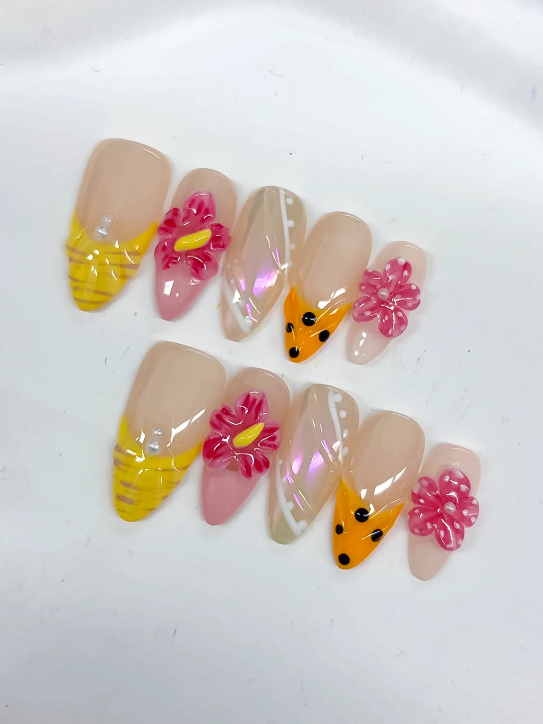 Medium Nude Yellow Almond Holographic Flower Dot Pattern