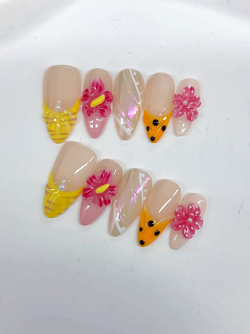 Medium Nude Yellow Almond Holographic Flower Dot Pattern