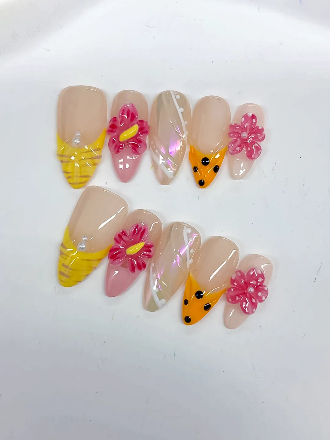 Medium Nude Yellow Almond Holographic Flower Dot Pattern