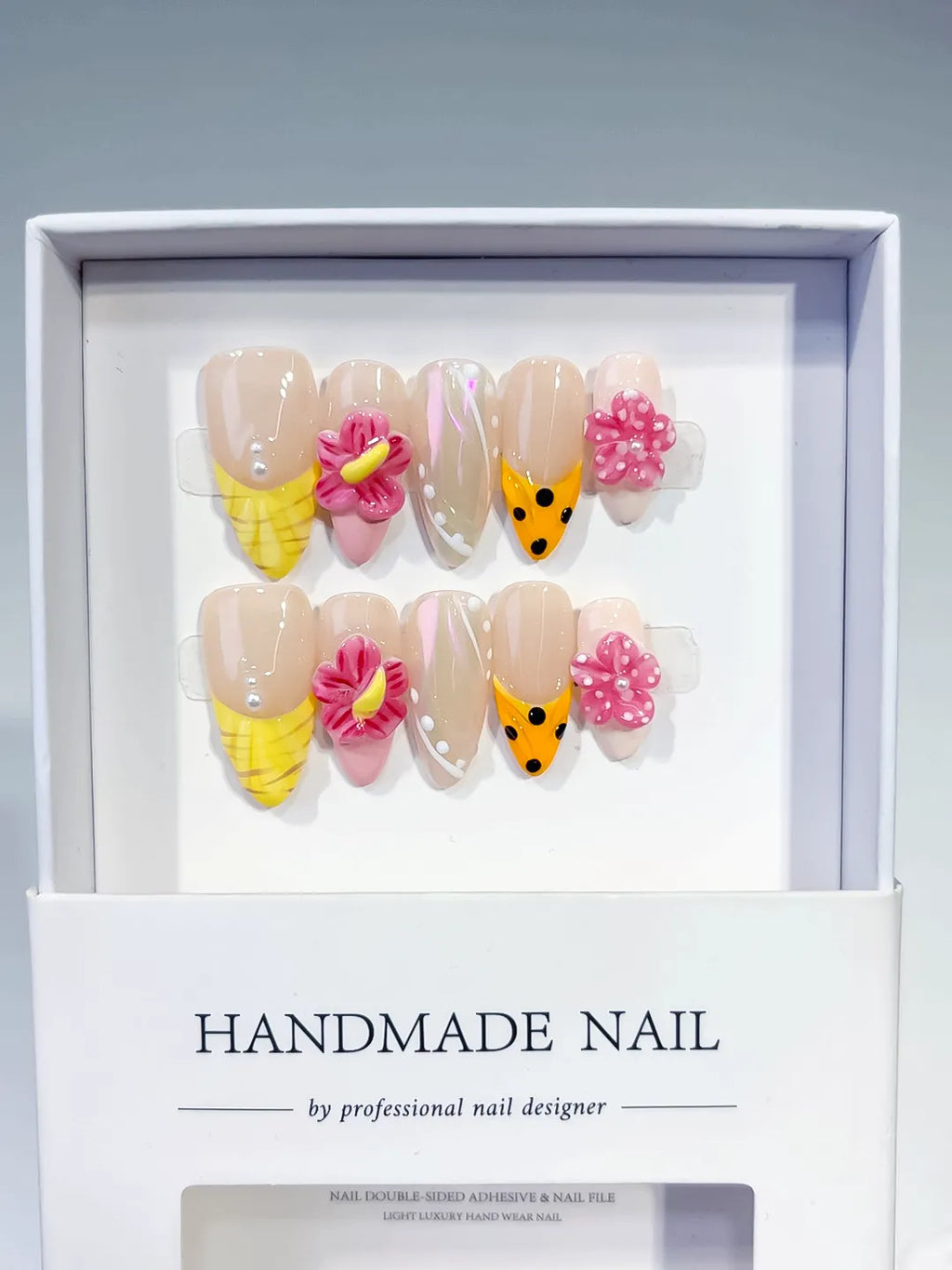 Medium Nude Yellow Almond Holographic Flower Dot Pattern