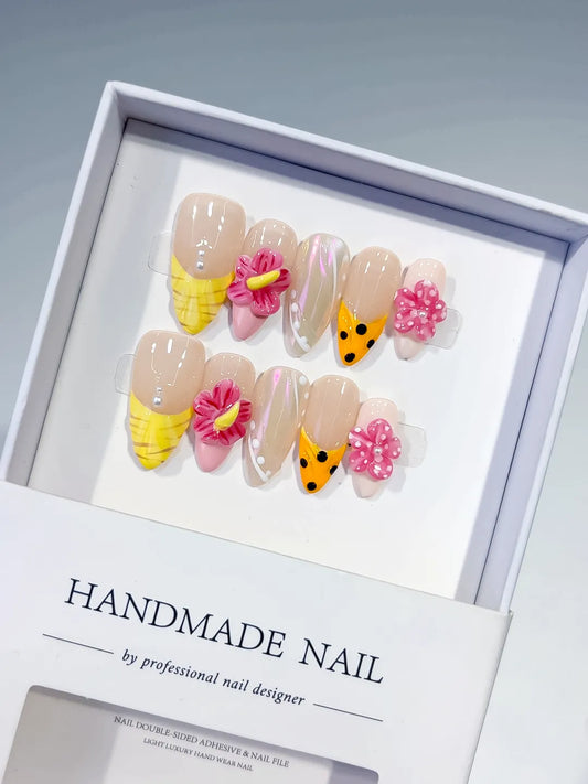 Medium Nude Yellow Almond Holographic Flower Dot Pattern
