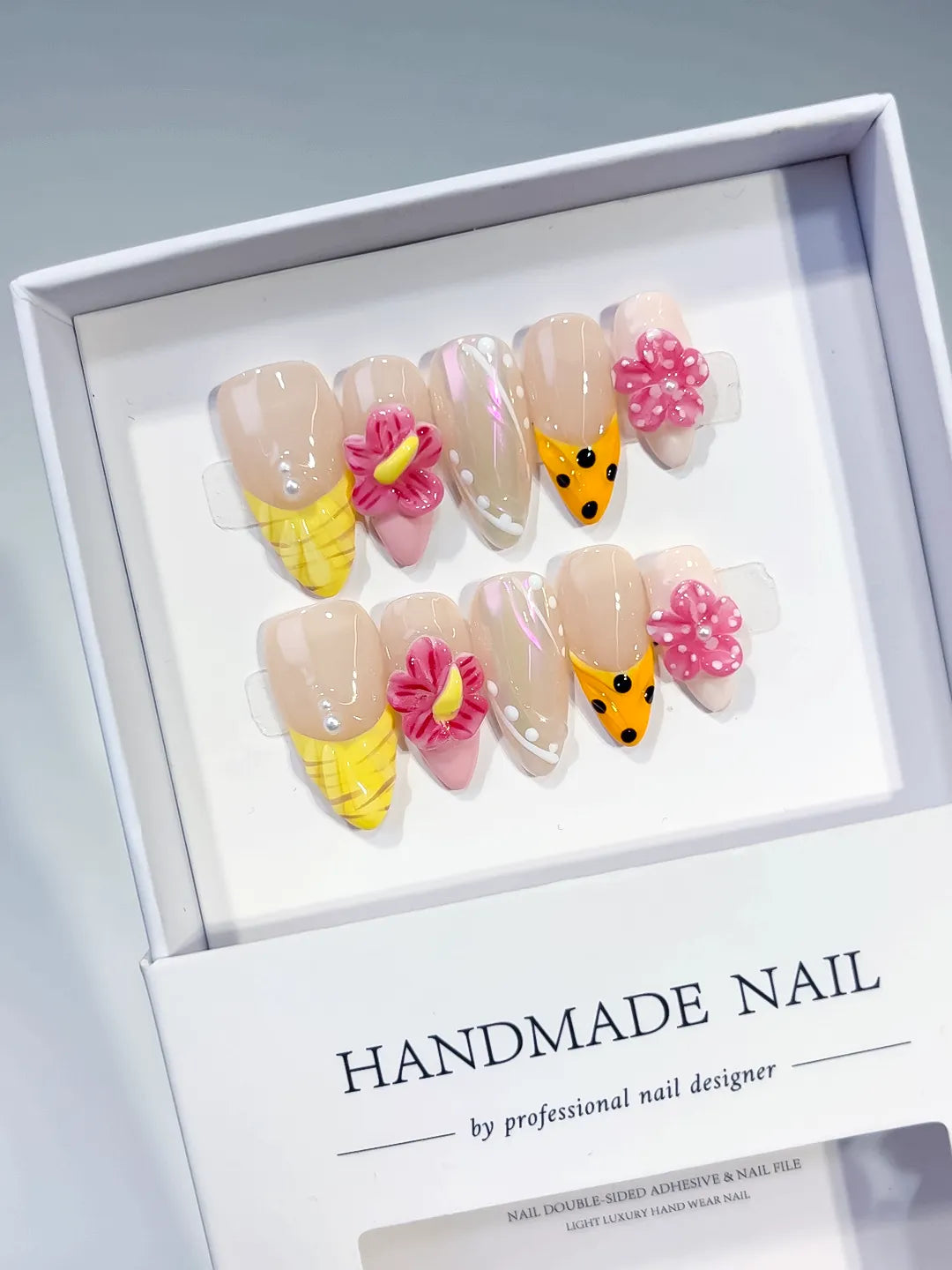 Medium Nude Yellow Almond Holographic Flower Dot Pattern