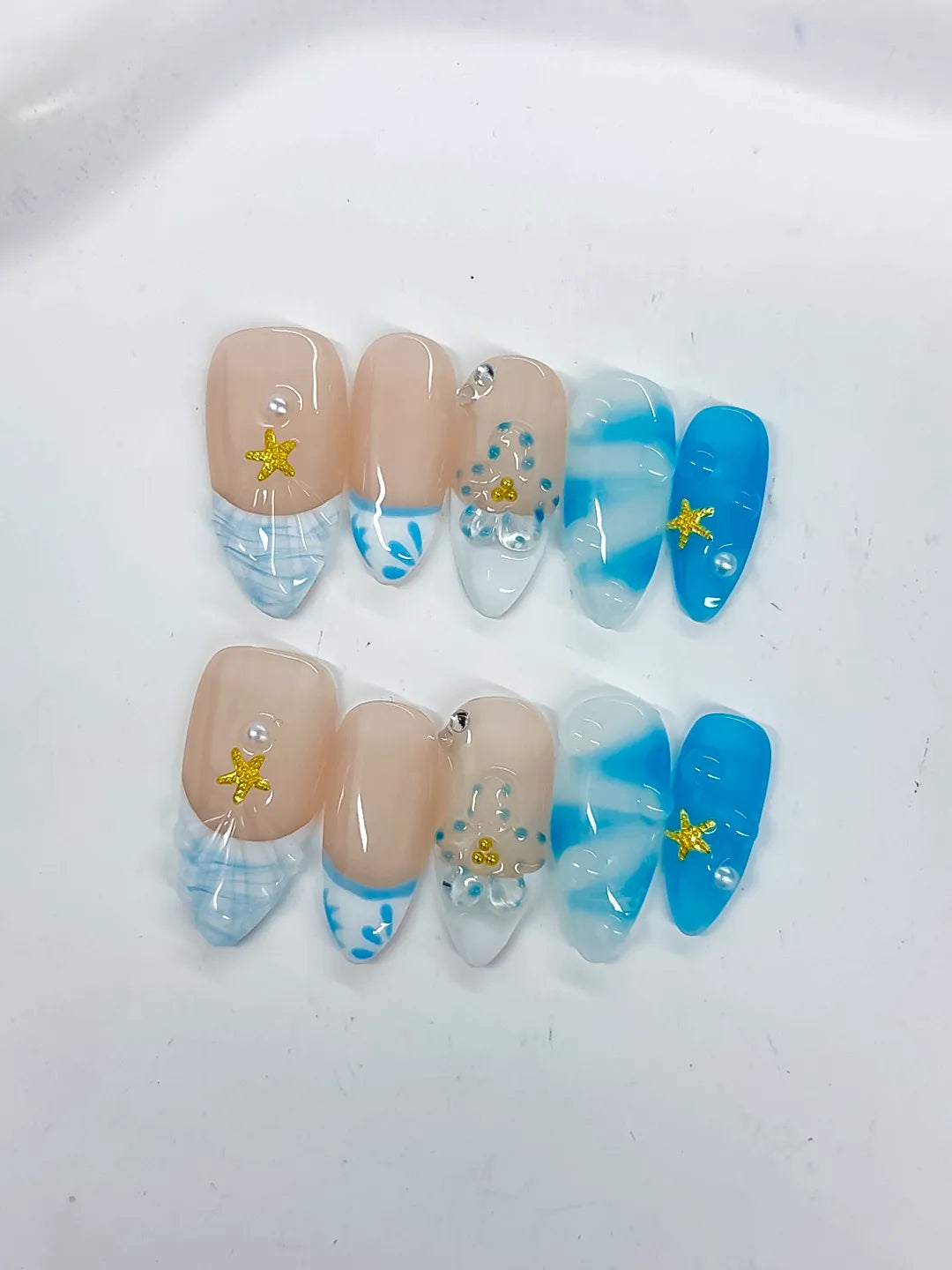 Medium Nude Blue Almond French tip Star Rhinestone