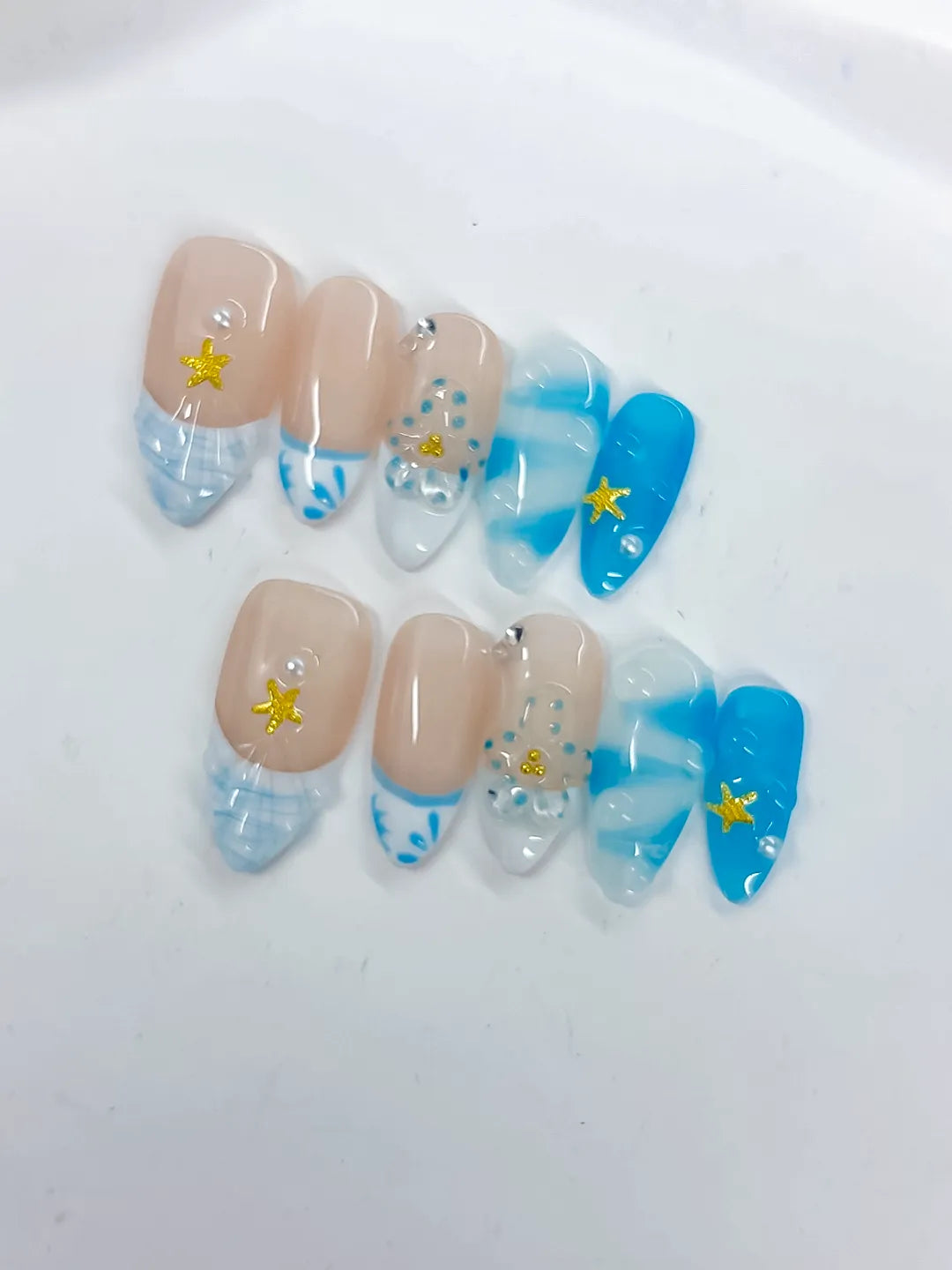Medium Nude Blue Almond French tip Star Rhinestone