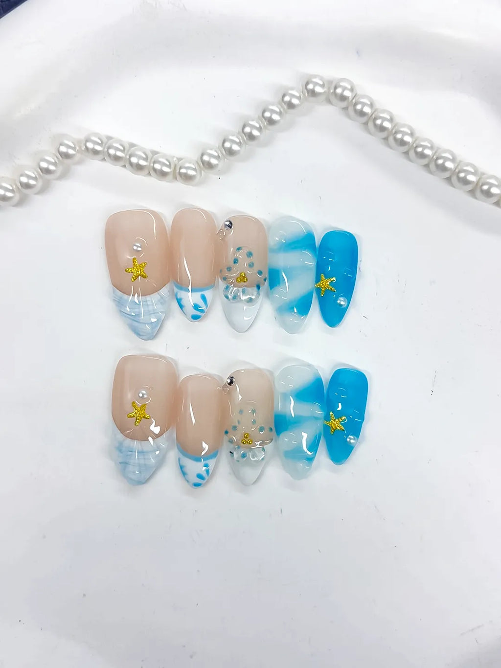 Medium Nude Blue Almond French tip Star Rhinestone