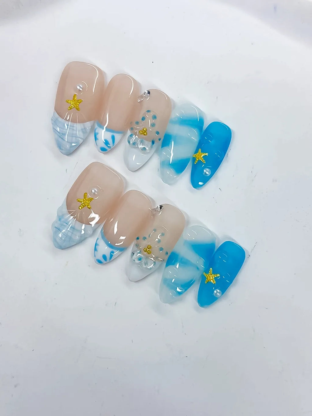 Medium Nude Blue Almond French tip Star Rhinestone