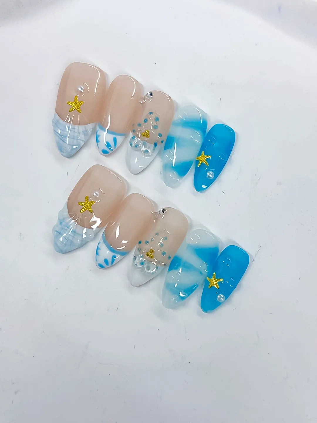 Medium Nude Blue Almond French tip Star Rhinestone