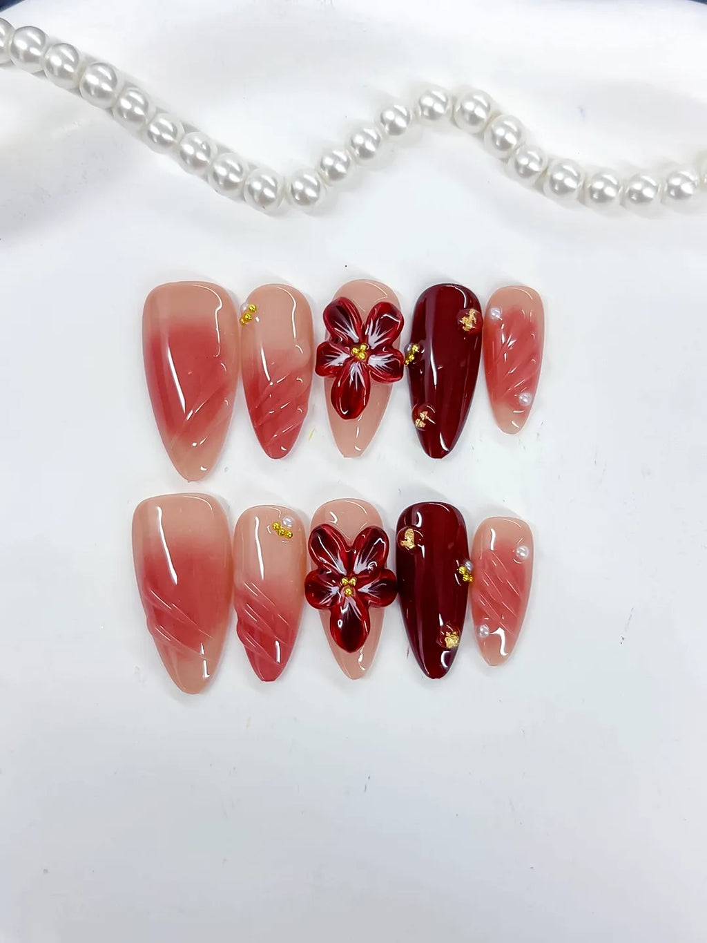 Medium Pink Red Almond Ombre Flower Stud