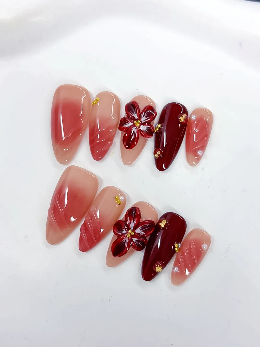 Medium Pink Red Almond Ombre Flower Stud