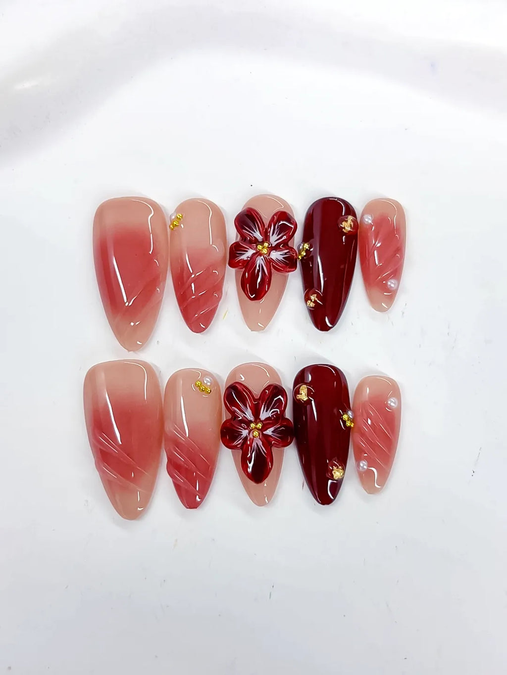 Medium Pink Red Almond Ombre Flower Stud