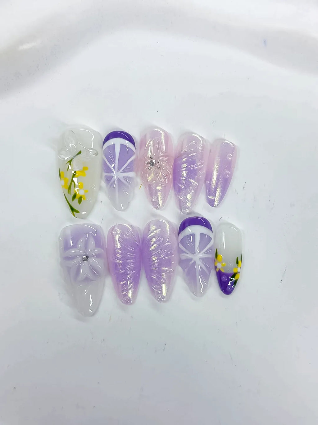 Medium White Purple Almond Holographic Flower Rhinestone