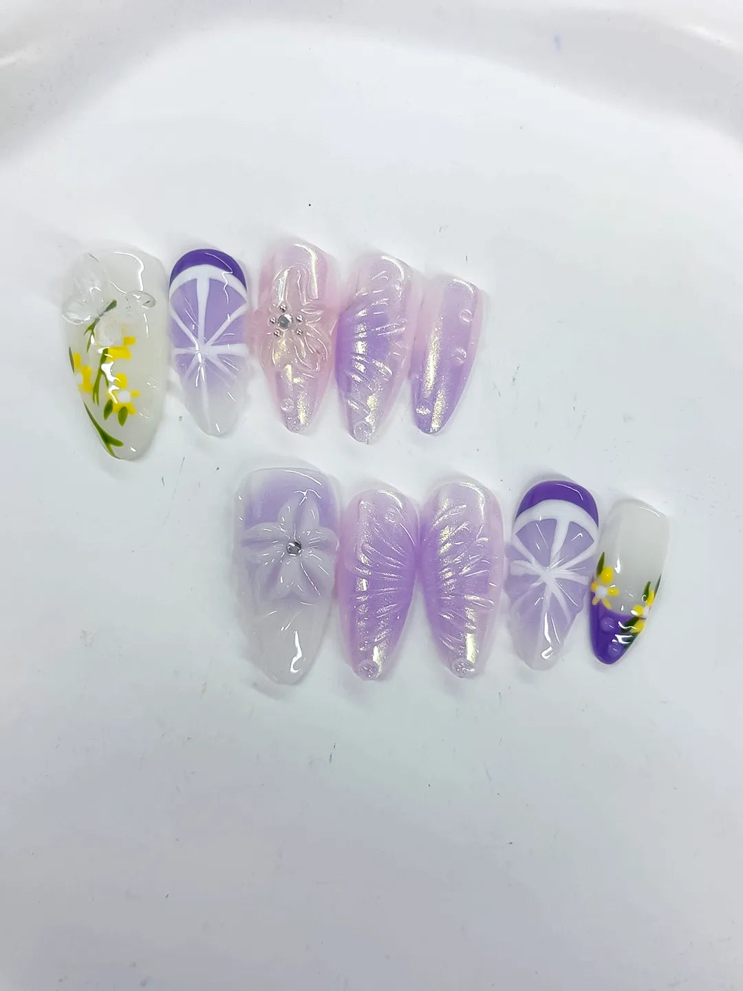 Medium White Purple Almond Holographic Flower Rhinestone