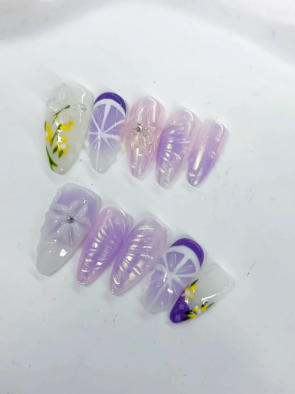 Medium White Purple Almond Holographic Flower Rhinestone