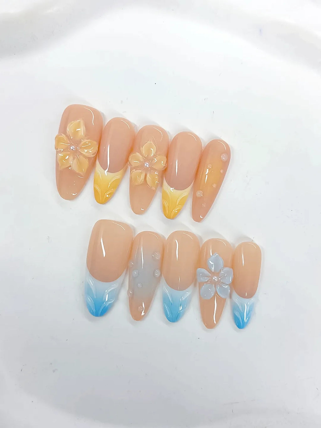 Long Nude Yellow Almond French tip Flower Pearl