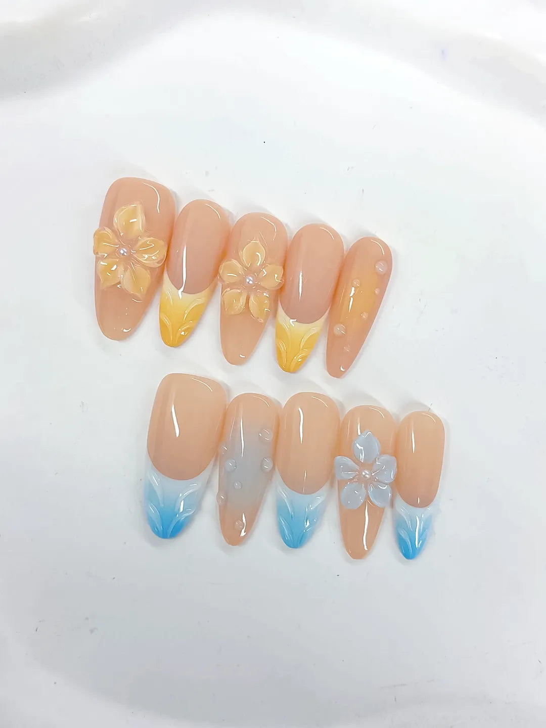 Long Nude Yellow Almond French tip Flower Pearl