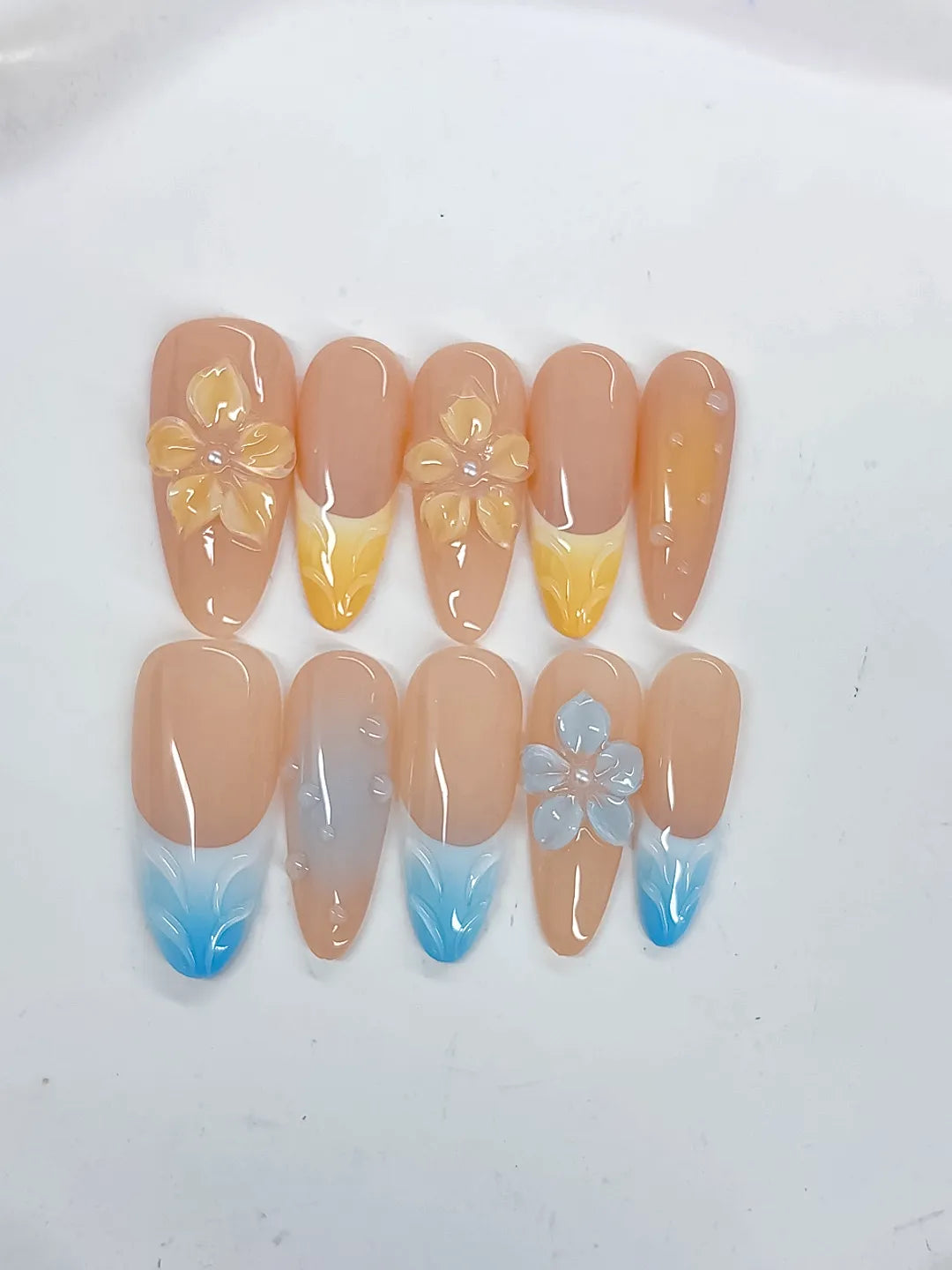 Long Nude Yellow Almond French tip Flower Pearl