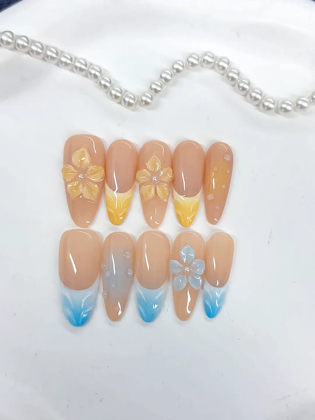 Long Nude Yellow Almond French tip Flower Pearl