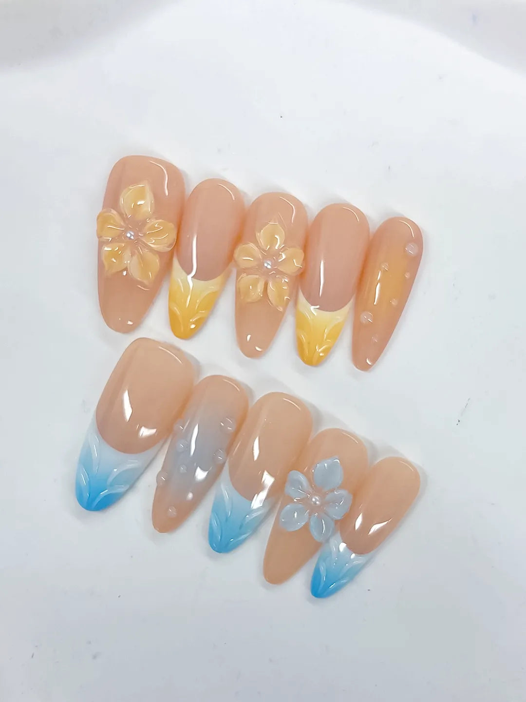 Long Nude Yellow Almond French tip Flower Pearl