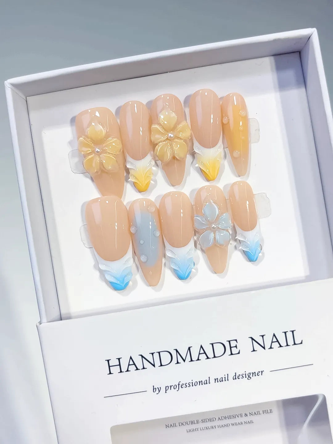 Long Nude Yellow Almond French tip Flower Pearl