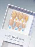 Long Nude Yellow Almond French tip Flower Pearl