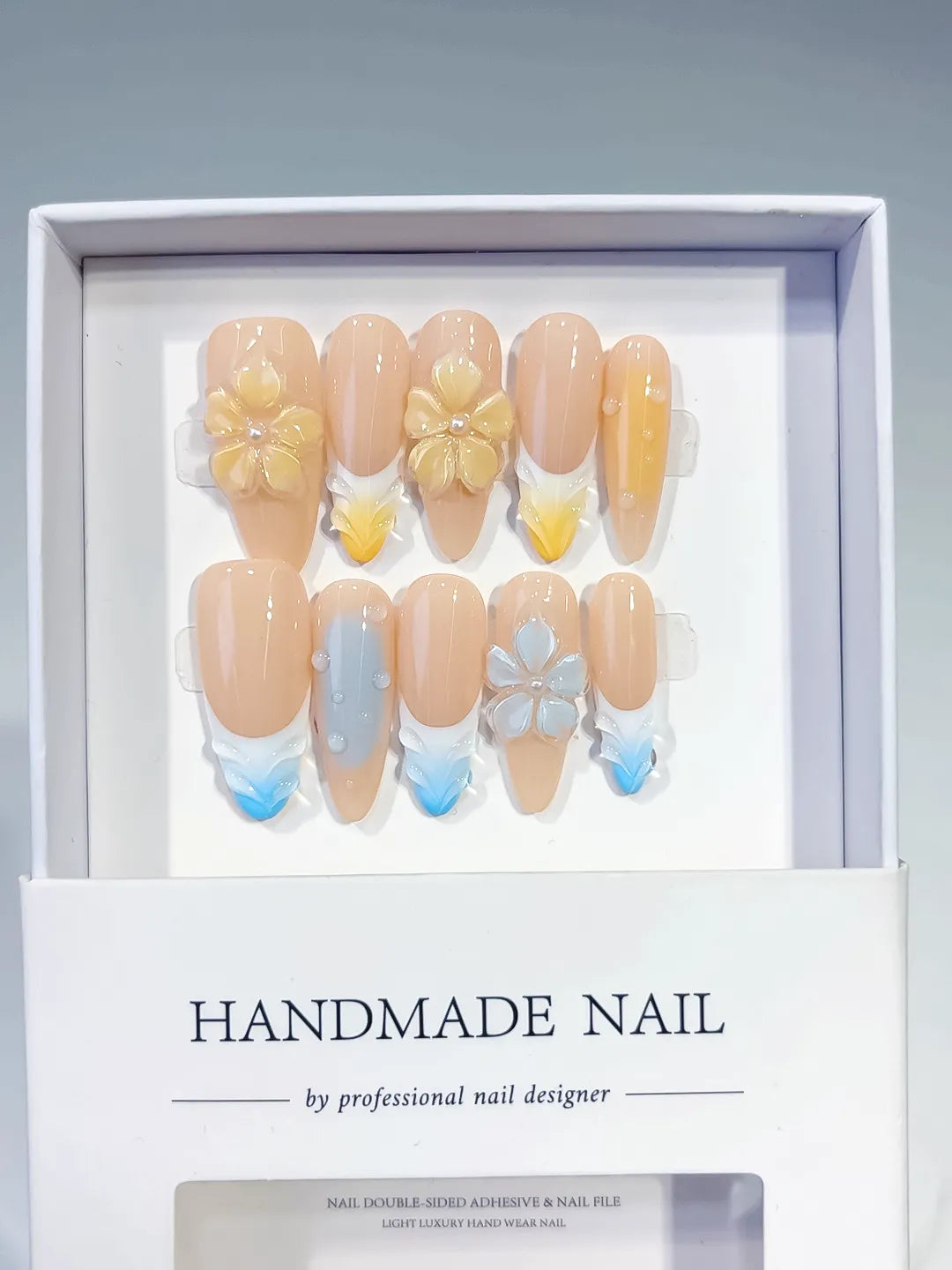 Long Nude Yellow Almond French tip Flower Pearl