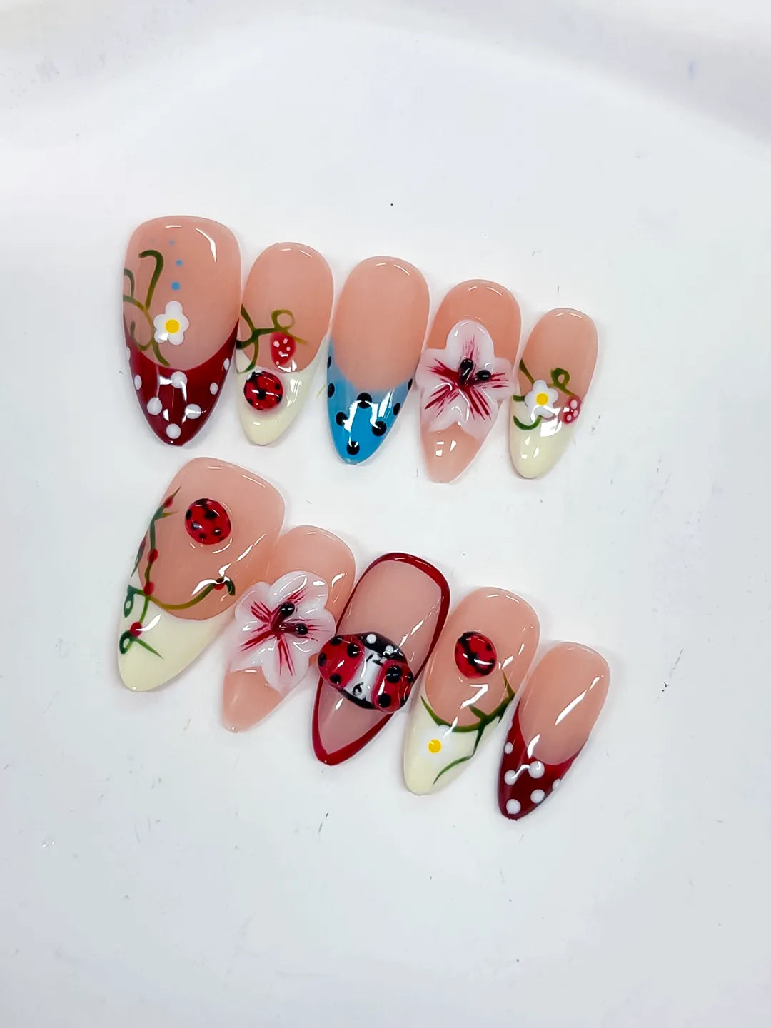 Medium Nude Red Almond Abstract Flower Ladybug