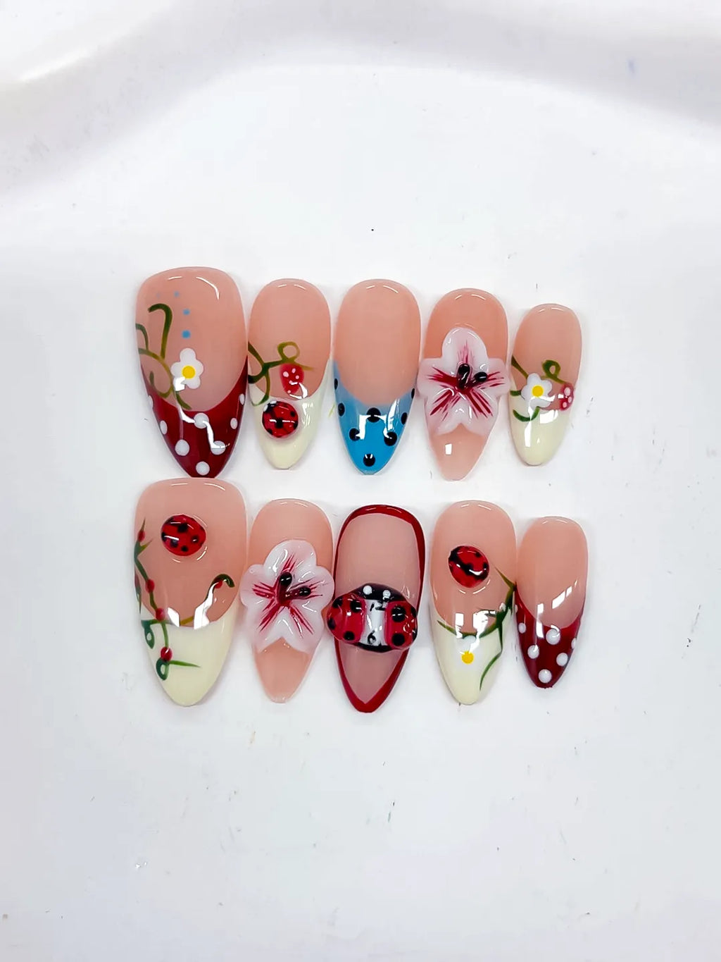 Medium Nude Red Almond Abstract Flower Ladybug