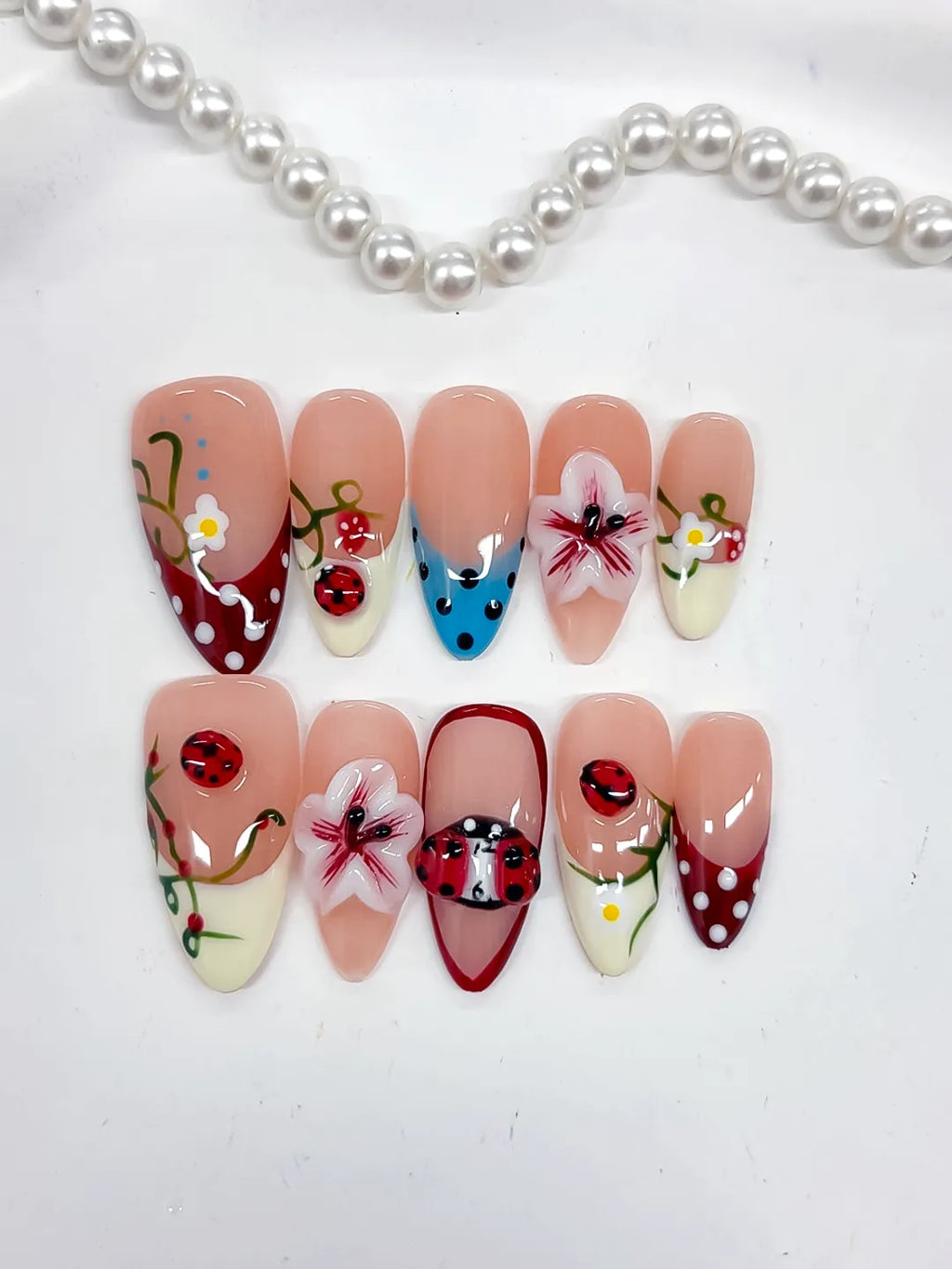 Medium Nude Red Almond Abstract Flower Ladybug