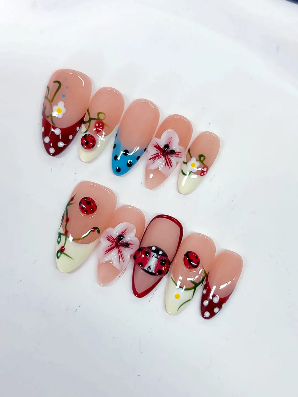 Medium Nude Red Almond Abstract Flower Ladybug