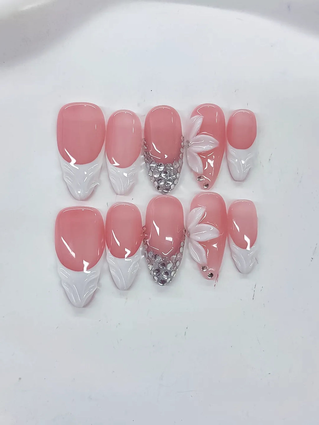 Medium Pink White Almond French tip Flower Rhinestone