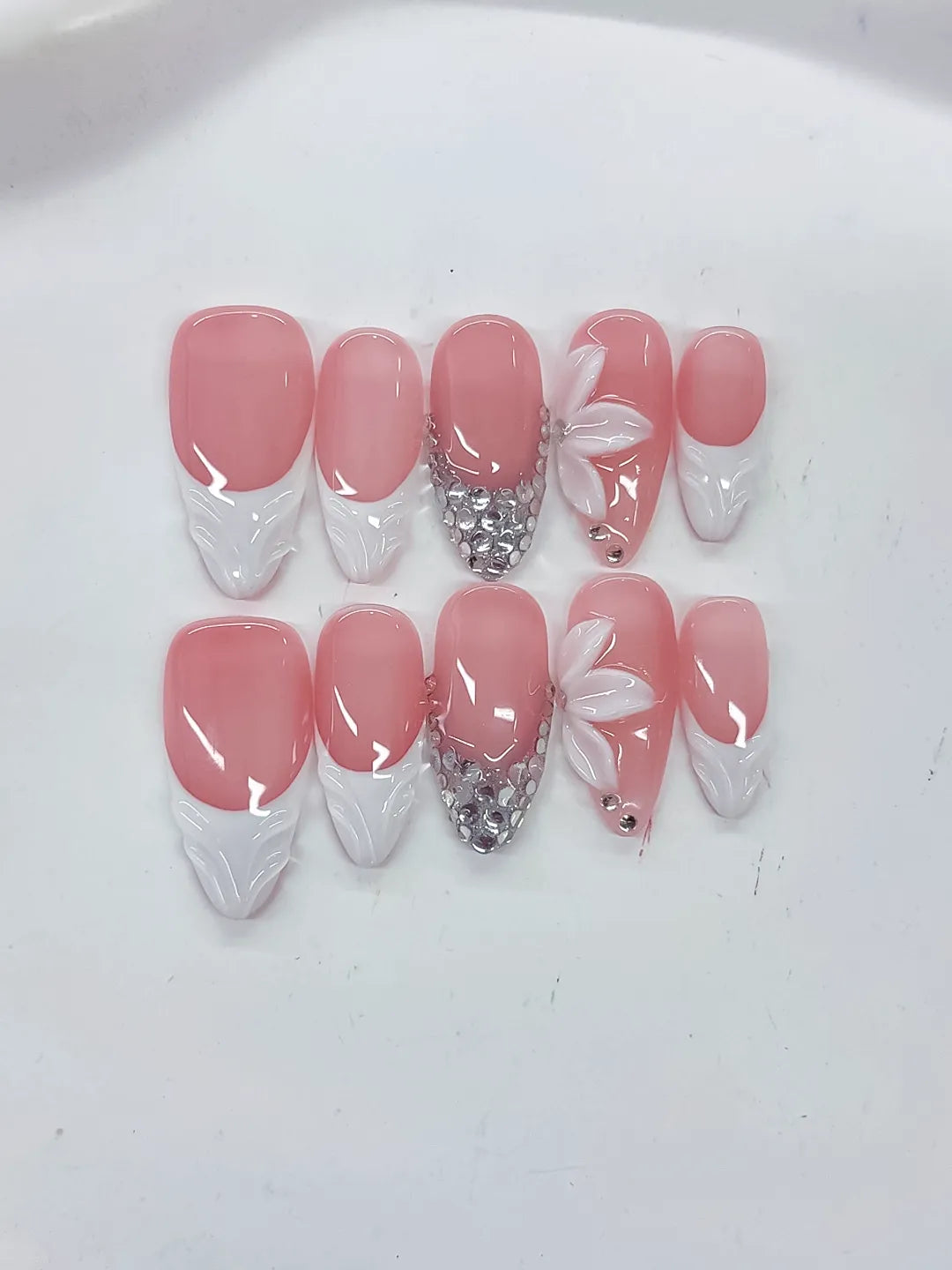 Medium Pink White Almond French tip Flower Rhinestone