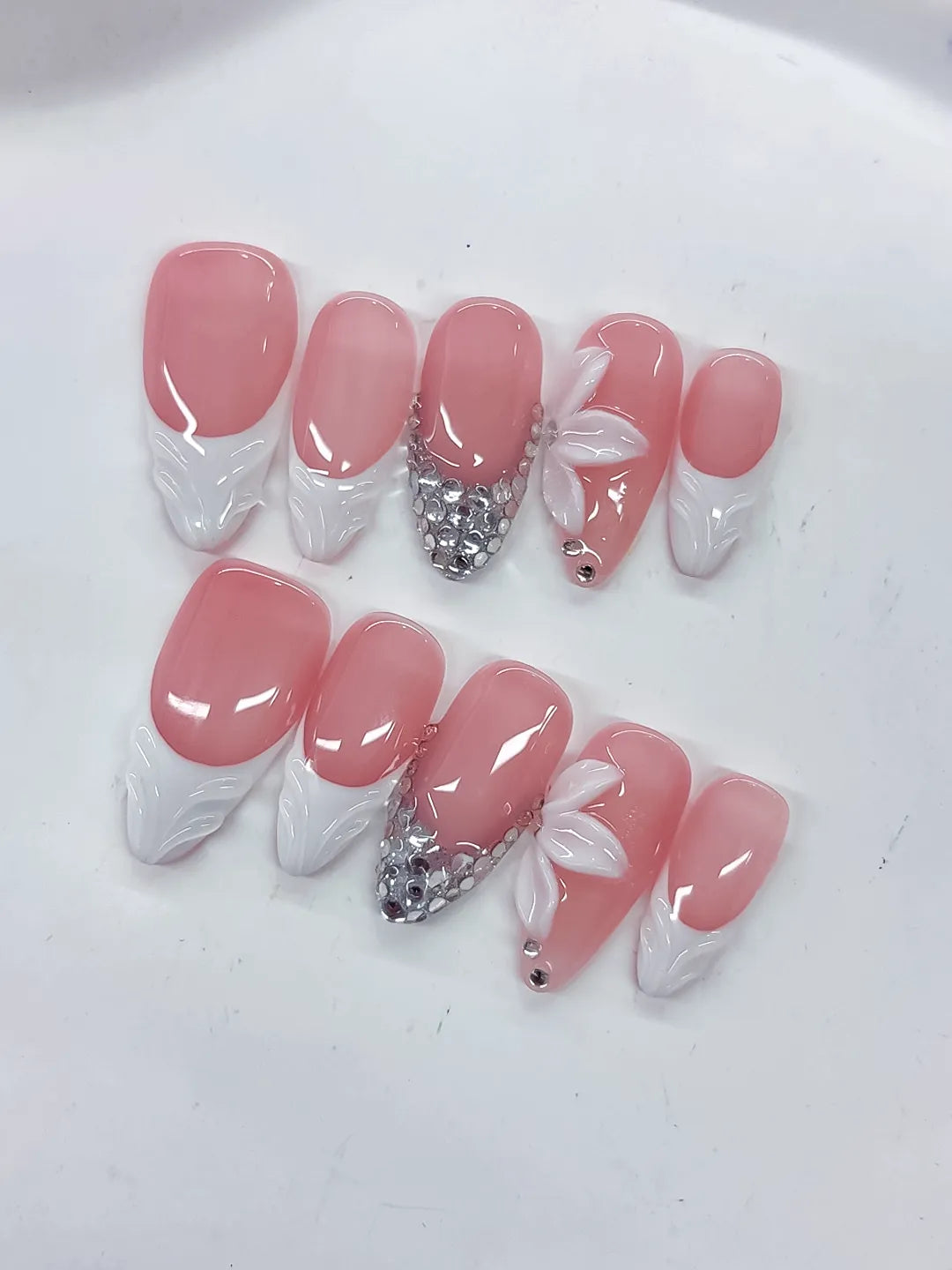 Medium Pink White Almond French tip Flower Rhinestone